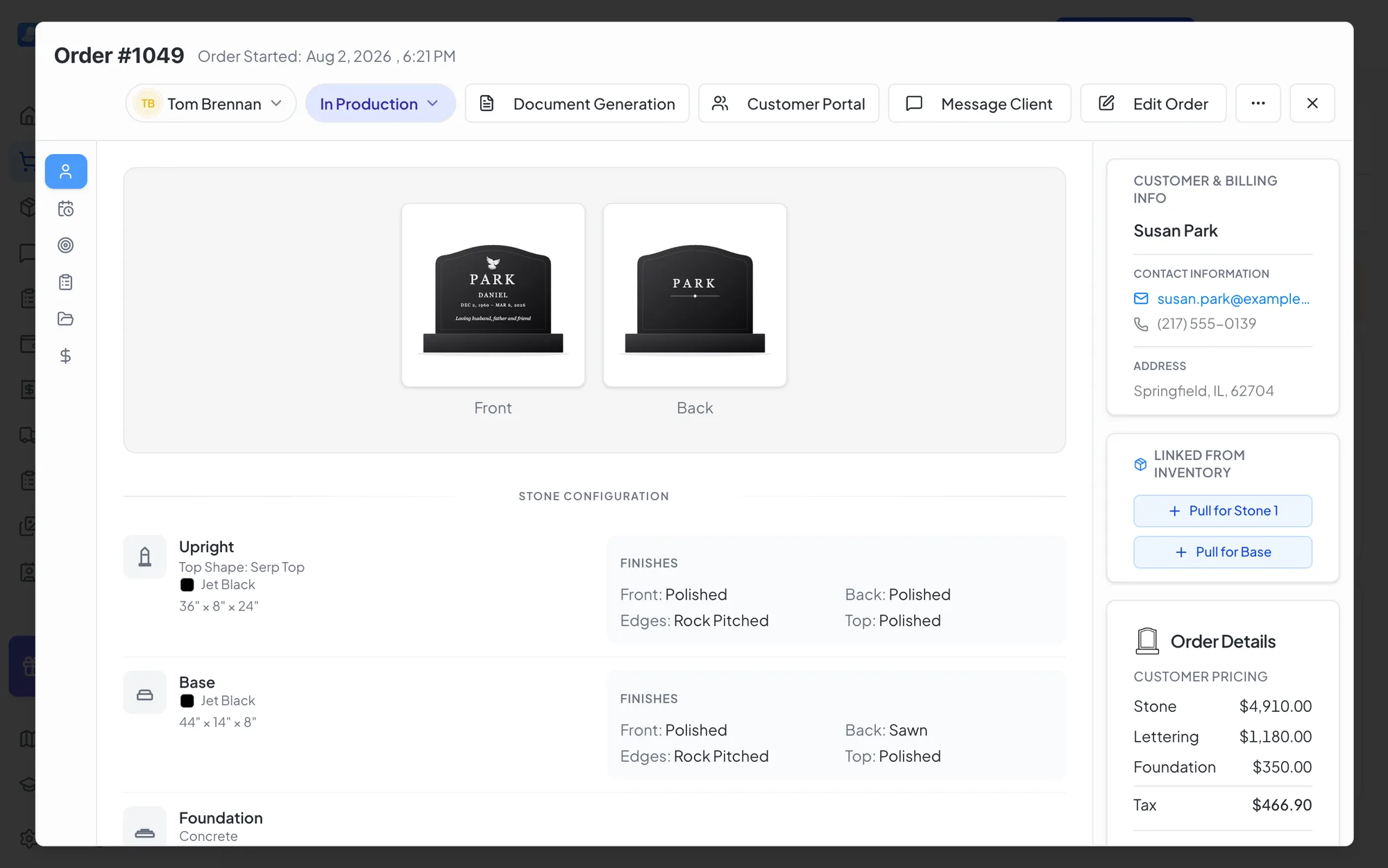 A monument order in MonuDesk: customer, cemetery, stone, inscription, documents and payments on one screen