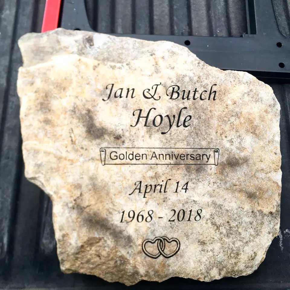 A natural fieldstone engraved for a golden anniversary
