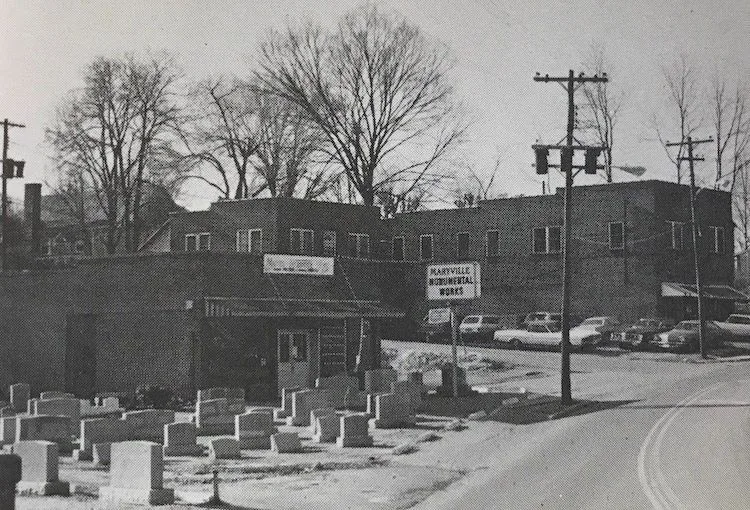 An old black and white photo of the monument works, with rows of headstones beside the building