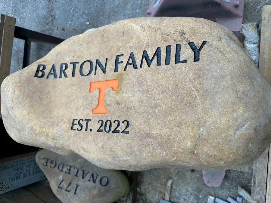 Engraved boulder for the Barton family with a Tennessee T, est. 2022