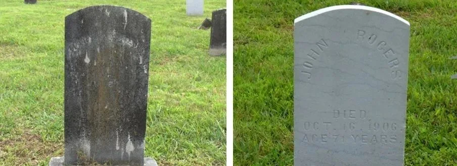 A weathered, darkened headstone before cleaning, and the same headstone clean and white after