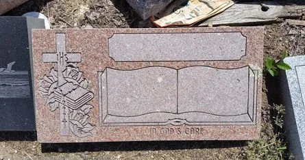 Rose granite flat marker with an open book, a cross and roses, In God's Care