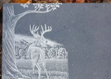 Gray granite etched with a deer under a tree in a meadow